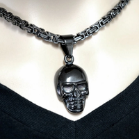 Stainless Steel Gunmetal Skull 2 1/4" Tall With 26" Byzantine Link Chain