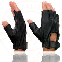 Milwaukee Leather SH206 Men's Black Leather Gel Padded Palm Fingerless Motorcycle Hand Gloves W/ ‘Welted’ Design
