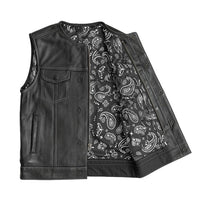 Men's Leather Vest with white Stitching and Black & White Paisley FIM636CDM