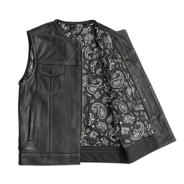 Men's Leather Vest with white Stitching and Black & White Paisley FIM636CDM