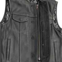Men's Leather Vest with white Stitching and Black & White Paisley FIM636CDM