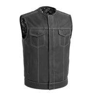 Men's Leather Vest with white Stitching and Black & White Paisley FIM636CDM