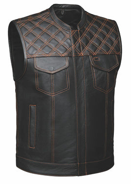Men's Leather Vest Black Diamond Stitch 6671.16 (Black & Orange)