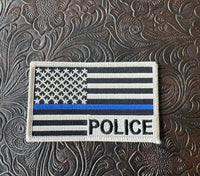 Grey, Blue Line American Flag with Police on the Patch