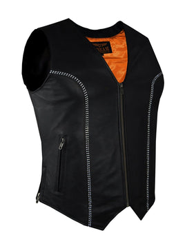 Women Zipper Front Vest with Bling, Conceal Carry Pockets, Naked Cowhide Leather