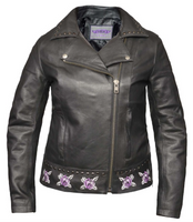 Ladies Leather Jacket with Purple Rose