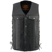 Milwaukee Leather LKM1360 Men's Black Leather Classic V-Neck Motorcycle Rider Vest w/ Snap Closure and Side Laces