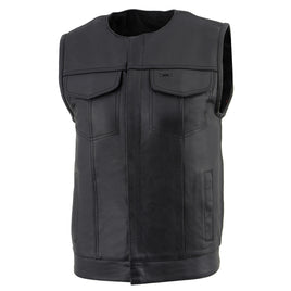 Milwaukee Leather LKM3721 Men's Black Leather Collarless Club Style Motorcycle Rider Vest w/Concealed Snap Closure