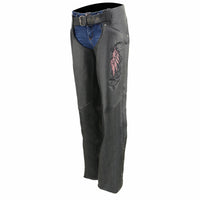 Milwaukee Leather Women's Classic Black Premium Leather Motorcycle Chaps w/ Pink Wing Embroidery-ML1179