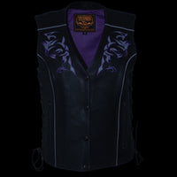 Milwaukee Leather ML1296 Women's Black/Purple Leather Side Laced Motorcycle Vest w/ Reflective Tribal