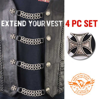 Milwaukee Leather MLA1045SET Iron Cross 4-PCS Vest Extender Double Chrome Chains w/ Genuine Leather 6" Extension