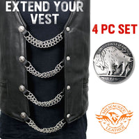 Milwaukee Leather 5 Cent Buffalo Medallion Vest Extender - Double Chrome Chains Genuine Leather 8.5" Extension 4-PCS MLA1043SET