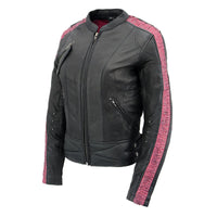 Milwaukee Leather MLL2571 Women's Black and Pink 'Crinkled Arm' Lightweight Racer Jacket