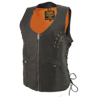 Milwaukee Leather Women's Classic V-Neck Black Leather Motorcycle Rider Vest w/ Adjustable Side Laces MLL4575