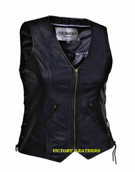 Leather Vest Woman's With Blackbling/ V-neck Motorcycle Rider Vest