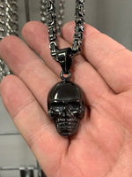 Stainless Steel Gunmetal Skull 2 1/4" Tall With 26" Byzantine Link Chain